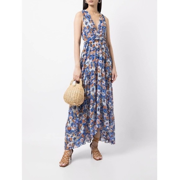 MISA Dominika Maxi Dress XS  Blue Pansy Floral Flowy Plunging Neckline Feminine - Picture 6 of 16